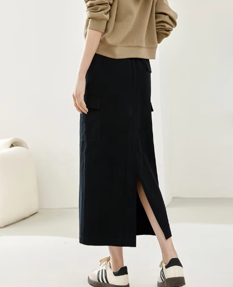 Split A-Line solid Casual Elastic Waist Cargo Fashion Elegant Midi Skirts - Image 9