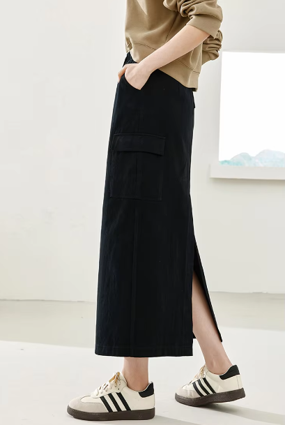 Split A-Line solid Casual Elastic Waist Cargo Fashion Elegant Midi Skirts - Image 8