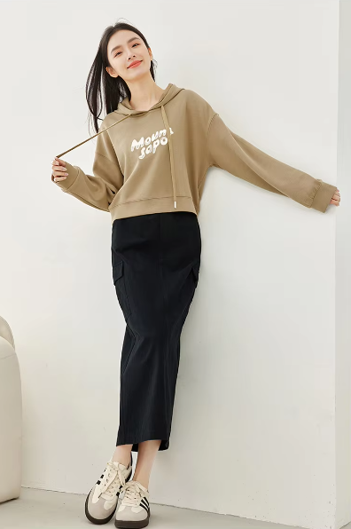 Split A-Line solid Casual Elastic Waist Cargo Fashion Elegant Midi Skirts - Image 7