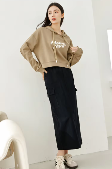 Split A-Line solid Casual Elastic Waist Cargo Fashion Elegant Midi Skirts - Image 6