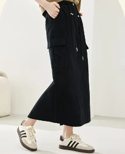 Split A-Line solid Casual Elastic Waist Cargo Fashion Elegant Midi Skirts - Image 5