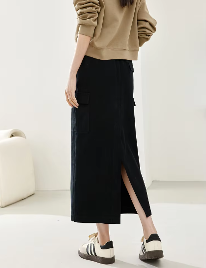 Split A-Line solid Casual Elastic Waist Cargo Fashion Elegant Midi Skirts - Image 4