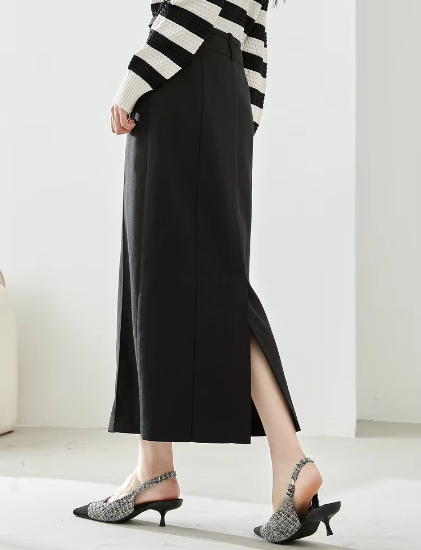 Split Solid Casual Fashion Straight Waist Elastic Elegant Office Midi Skirts - Image 4