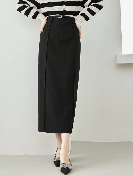 Split Solid Casual Fashion Straight Waist Elastic Elegant Office Midi Skirts - Image 2