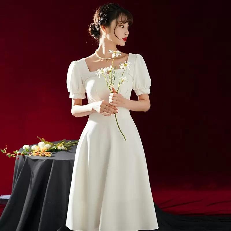 Square Neck Beaded Short Sleeves A-Line Tea-Length Bridal Wedding Dresses - Image 2