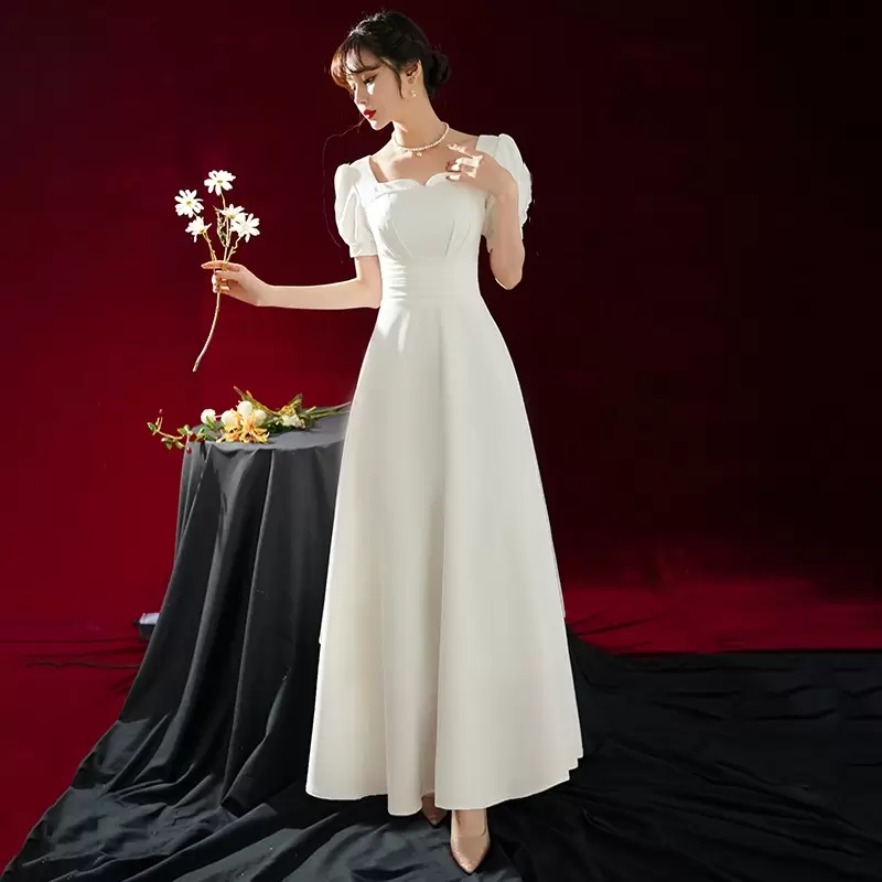 Square Neck Beaded Short Sleeves A-Line Tea-Length Bridal Wedding Dresses - Image 3