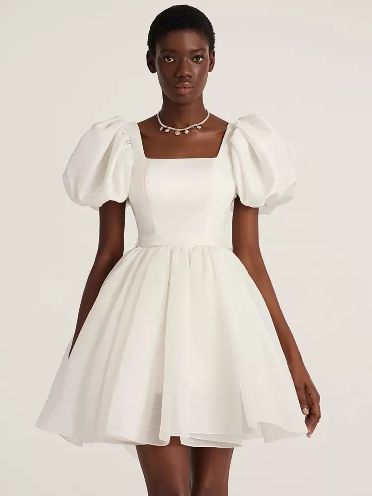 Square Neckline Bows Zipper Short Sleeves Short Bridal Wedding Dress