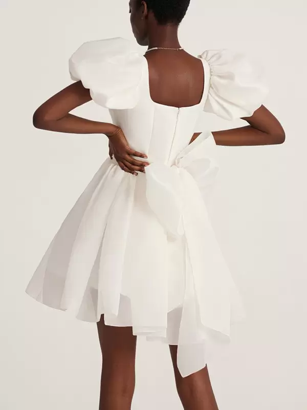 Square Neckline Bows Zipper Short Sleeves Short Bridal Wedding Dress - Image 3