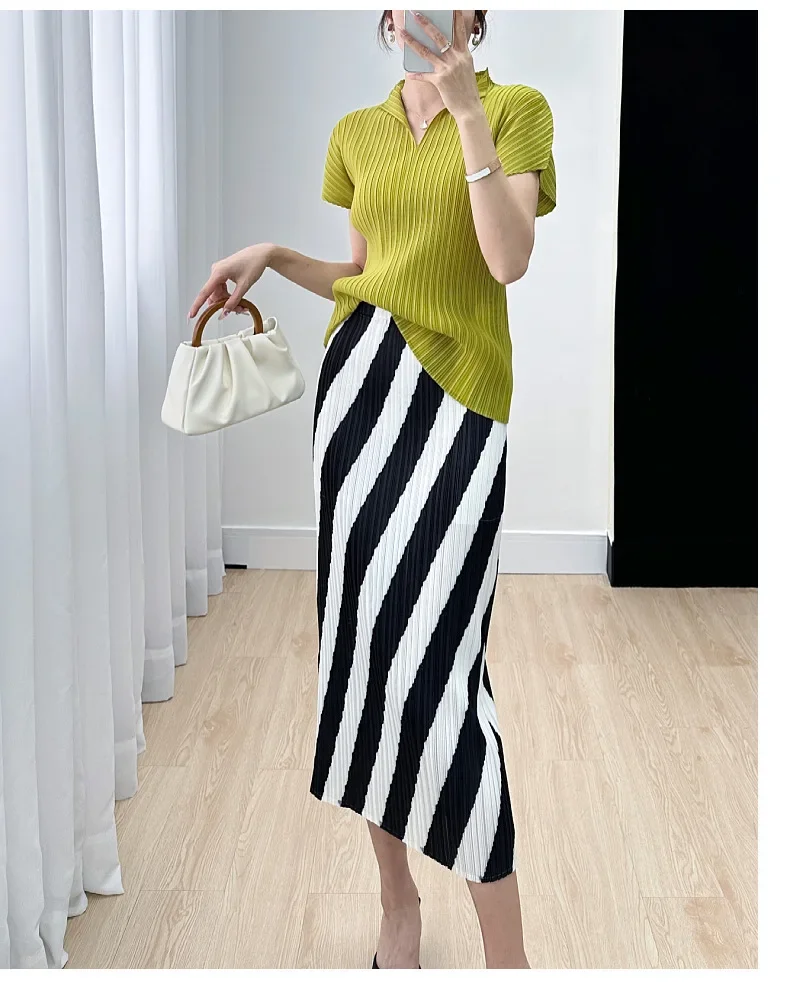 Straight Split High Waisted Printed Striped Fashion Solid Elegant Mid Length Skirts - Image 3