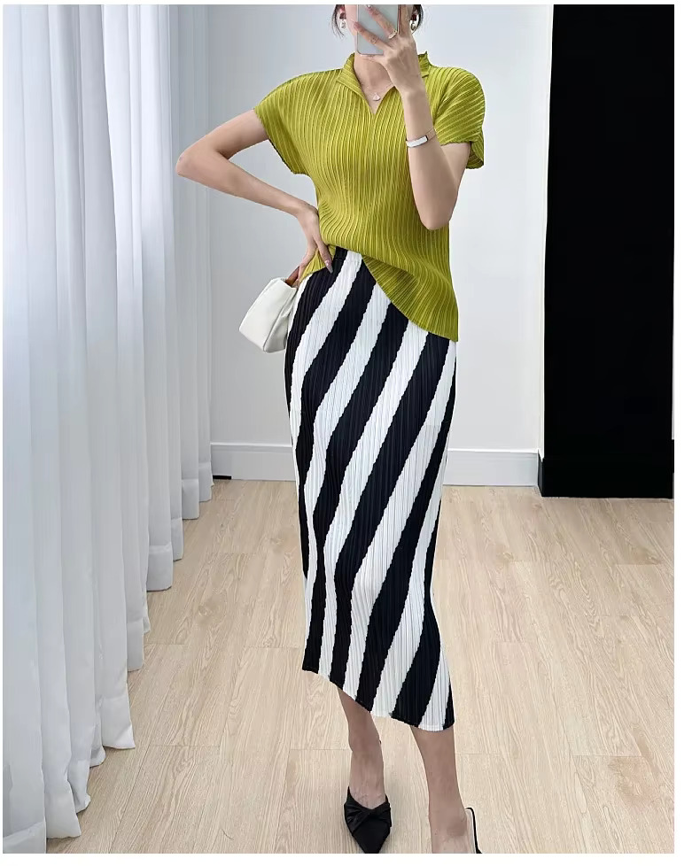 Straight Split High Waisted Printed Striped Fashion Solid Elegant Mid Length Skirts - Image 4