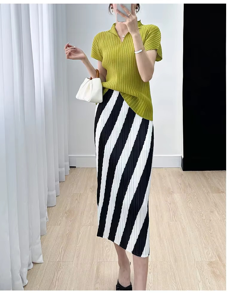 Straight Split High Waisted Printed Striped Fashion Solid Elegant Mid Length Skirts - Image 5
