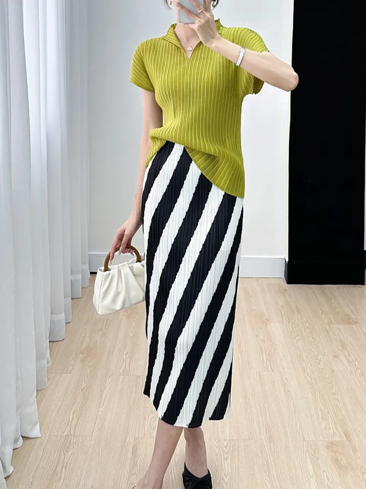Straight Split High Waisted Printed Striped Fashion Solid Elegant Mid Length Skirts - Image 2