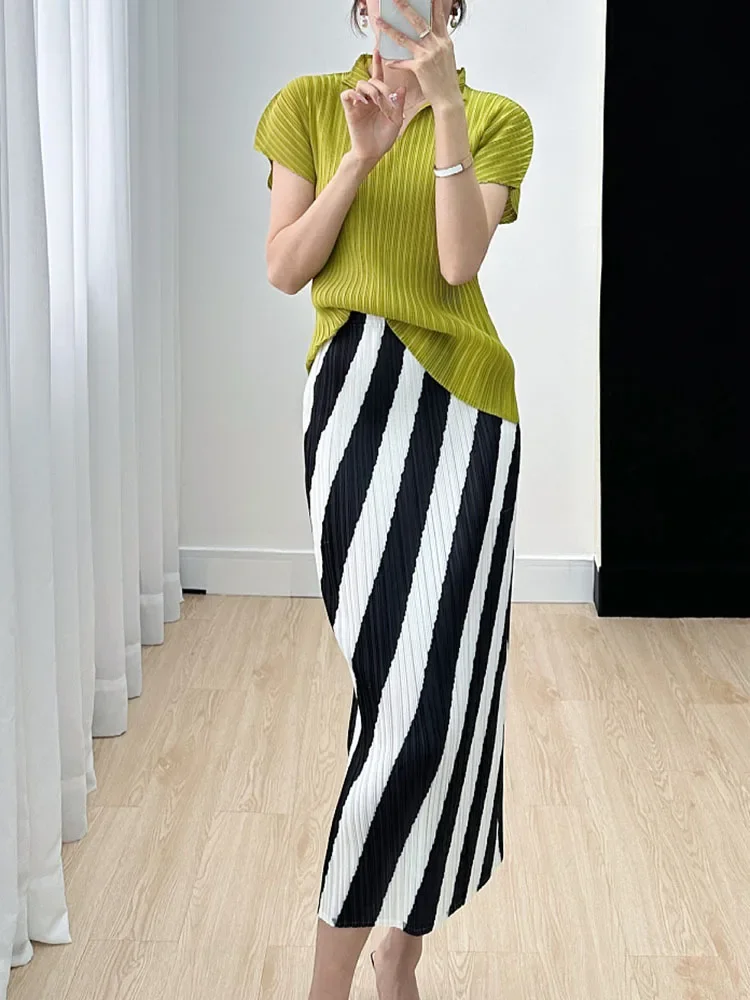 Straight Split High Waisted Printed Striped Fashion Solid Elegant Mid Length Skirts