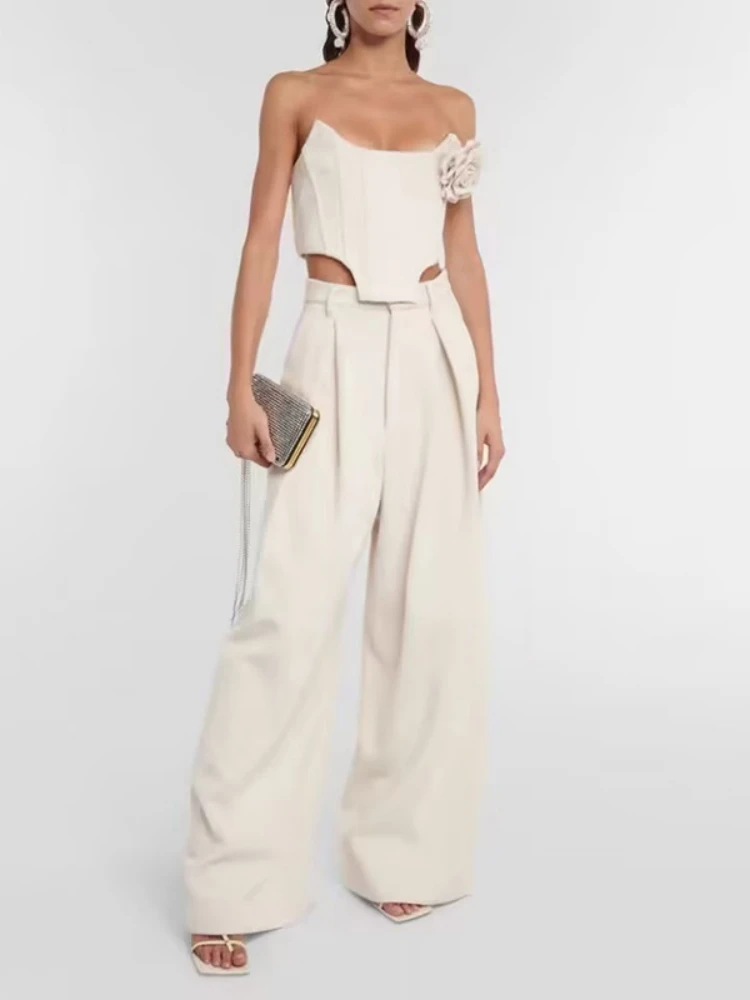 Strapless Crop High Waist Two Piece Sleeveless Elegant Party Suits And Outfits