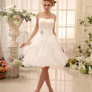 Strapless Tiered Sweetheart Neckline Satin Knee Length Wedding Bridal Dress