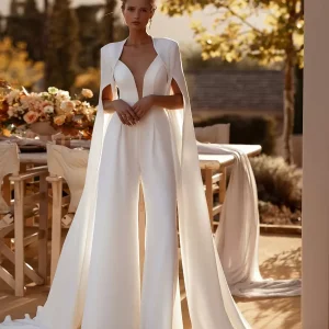 Stretch Crepe Sash Floor-Length V-Neck Sleeveless Natural Waist Bridal Jumpsuit