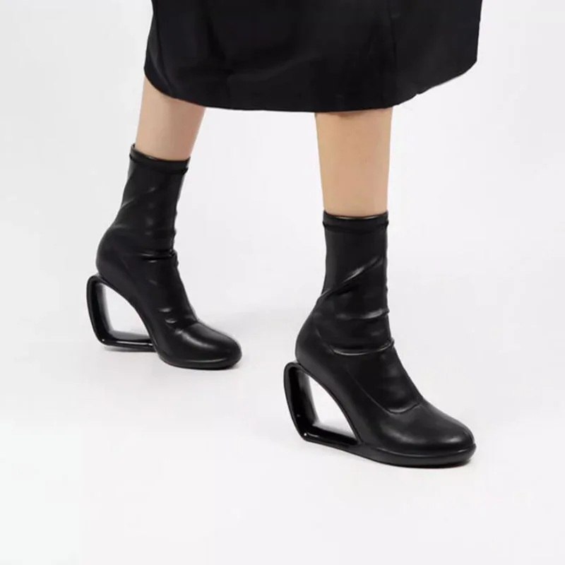 Stretch Solid wedges hollow out high heel round toe Ankle shoes - Image 2