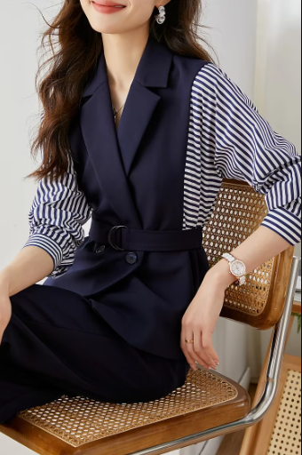 Striped Two Piece Elegant And Vintage Set Slim Belted Blazers Outfits - Image 7