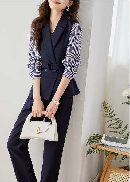 Striped Two Piece Elegant And Vintage Set Slim Belted Blazers Outfits - Image 5