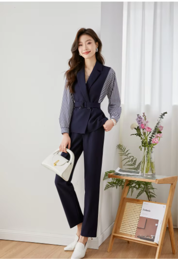 Striped Two Piece Elegant And Vintage Set Slim Belted Blazers Outfits - Image 4