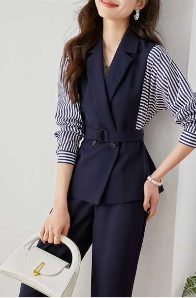 Striped Two Piece Elegant And Vintage Set Slim Belted Blazers Outfits - Image 3
