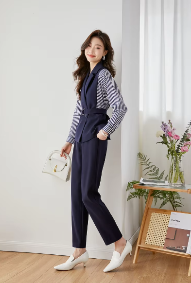 Striped Two Piece Elegant And Vintage Set Slim Belted Blazers Outfits - Image 2