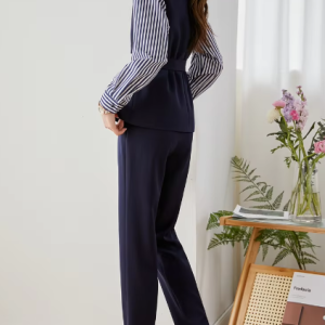 Striped Two Piece Elegant And Vintage Set Slim Belted  Blazers Outfits