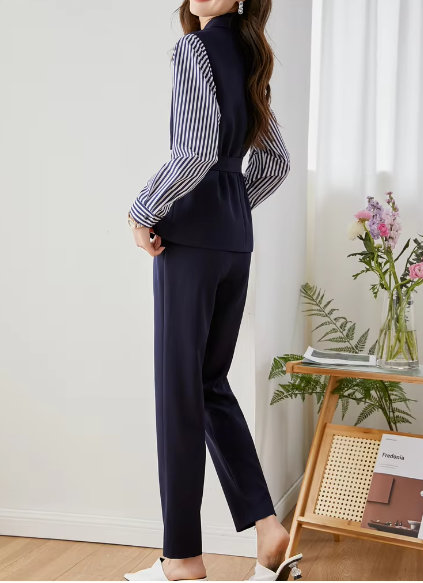 Striped Two Piece Elegant And Vintage Set Slim Belted Blazers Outfits