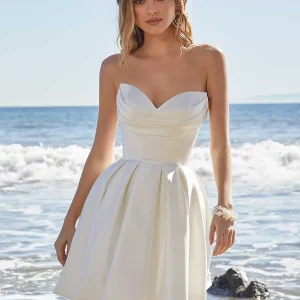 Sweetheart Neck Pleated Sleeveless Short Natural Waist Tulle Short Bridal Wedding Dress