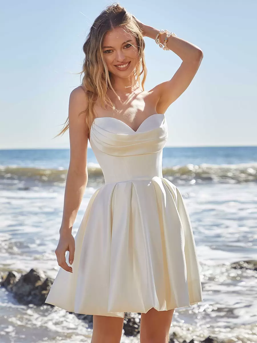 Sweetheart Neck Pleated Sleeveless Short Natural Waist Tulle Short Bridal Wedding Dress - Image 2