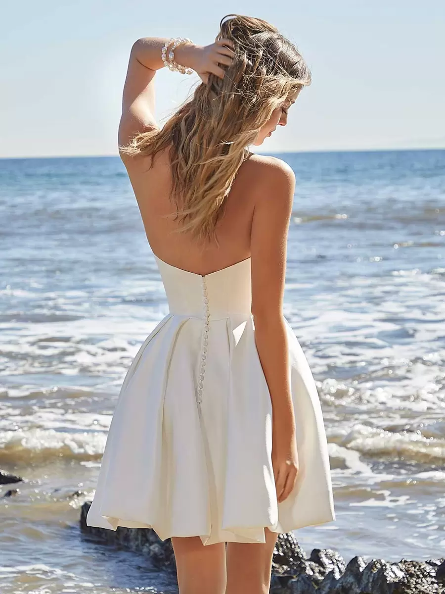 Sweetheart Neck Pleated Sleeveless Short Natural Waist Tulle Short Bridal Wedding Dress - Image 4