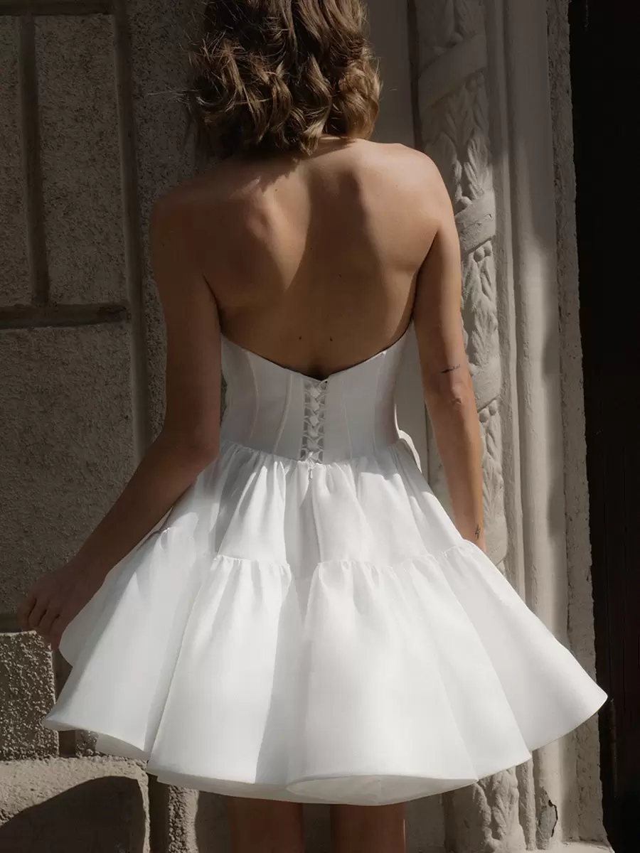 Sweetheart Neck Sleeveless Natural Waist Satin Fabric Short Bridal Wedding Dress - Image 4