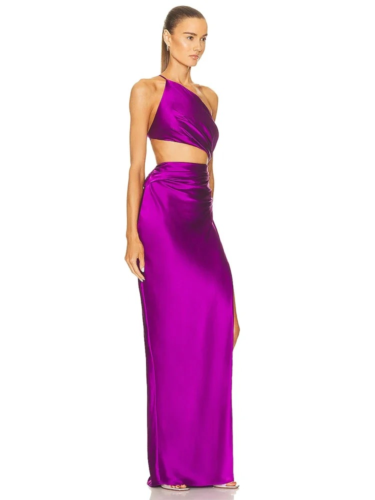 Trendy Draped Split Slim One Shoulder Long Dress Hollow Out Maxi Dress - Image 9