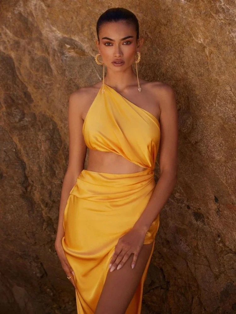 Trendy Draped Split Slim One Shoulder Long Dress Hollow Out Maxi Dress - Image 5