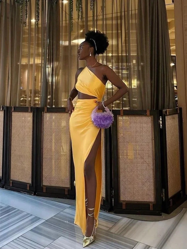 Trendy Draped Split Slim One Shoulder Long Dress Hollow Out Maxi Dress - Image 4