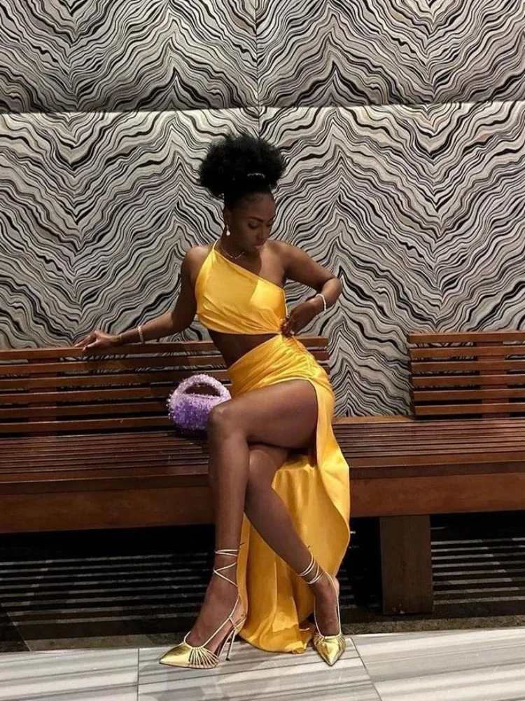 Trendy Draped Split Slim One Shoulder Long Dress Hollow Out Maxi Dress - Image 3