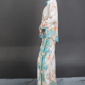 Trendy Fashion Set Long Sleeve Collar Causal Printed Elegant Wide Leg Pants