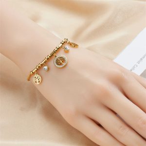 Trendy Stainless Steel Round Tree Charm Bracelet Jewelry