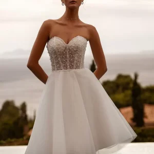 Tulle Strapless Pearls Long Sleeve Back Zipper Short Bridal Wedding Dress