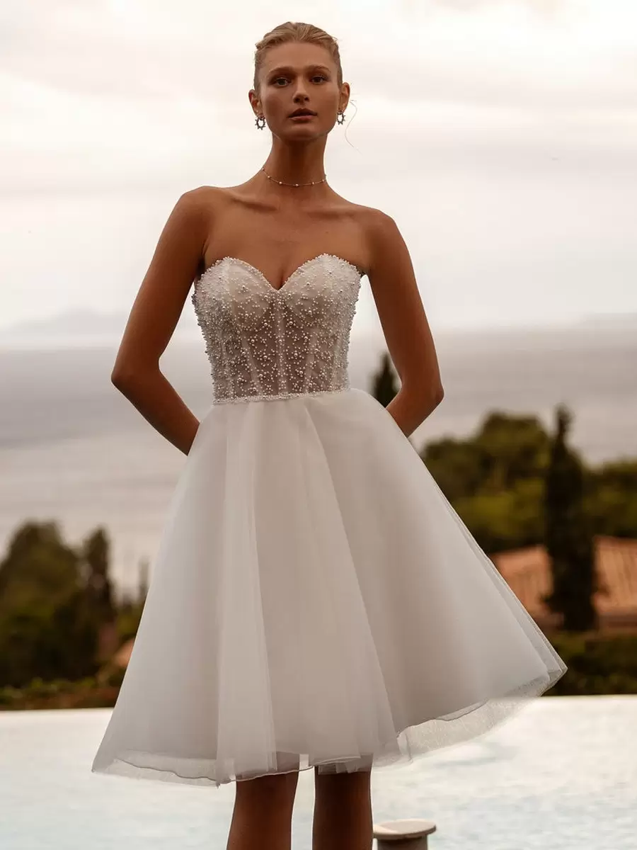 Tulle Strapless Pearls Long Sleeve Back Zipper Short Bridal Wedding Dress