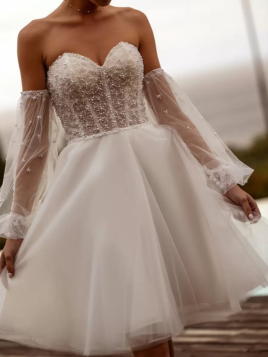 Tulle Strapless Pearls Long Sleeve Back Zipper Short Bridal Wedding Dress - Image 2