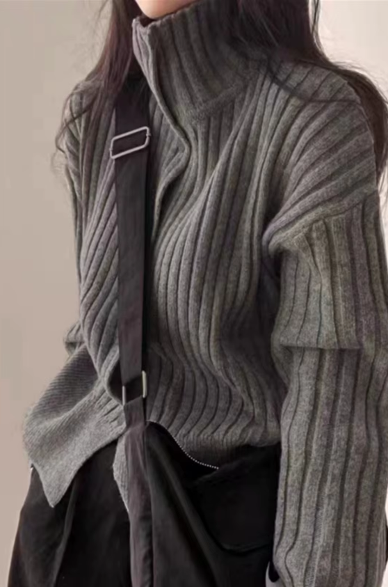 Turtleneck pit strip cashmere knit thickened small pure wool loose short coat tides Sweater - Image 4