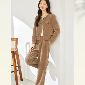 Two Piece Set Solid Elegant And Vintage Short Outfits Jacket And Wide Leg Pants