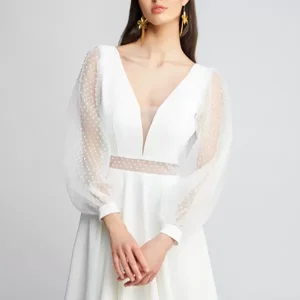 V-Neck Long Sleeves Cut-Outs Tulle Short Bridal Wedding Dress