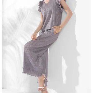 V Neck Pleated Short Sleeve Two Piece Set Elegant Office Top And Leg Pants