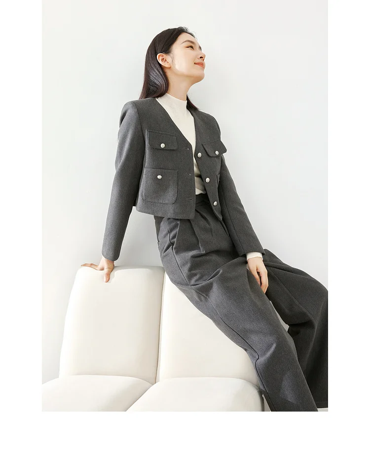 V-Neck Thick Cropped Two Pieces Elegant Wide Leg Pant Set And Jackets - Image 5