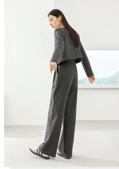 V-Neck Thick Cropped Two Pieces Elegant Wide Leg Pant Set And Jackets - Image 4