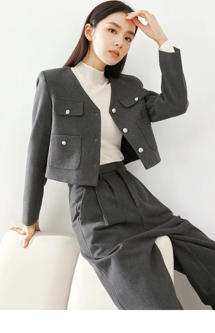 V-Neck Thick Cropped Two Pieces Elegant Wide Leg Pant Set And Jackets - Image 3