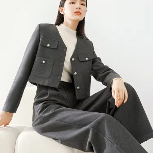 V-Neck Thick Cropped Two Pieces Elegant Wide Leg Pant Set And Jackets