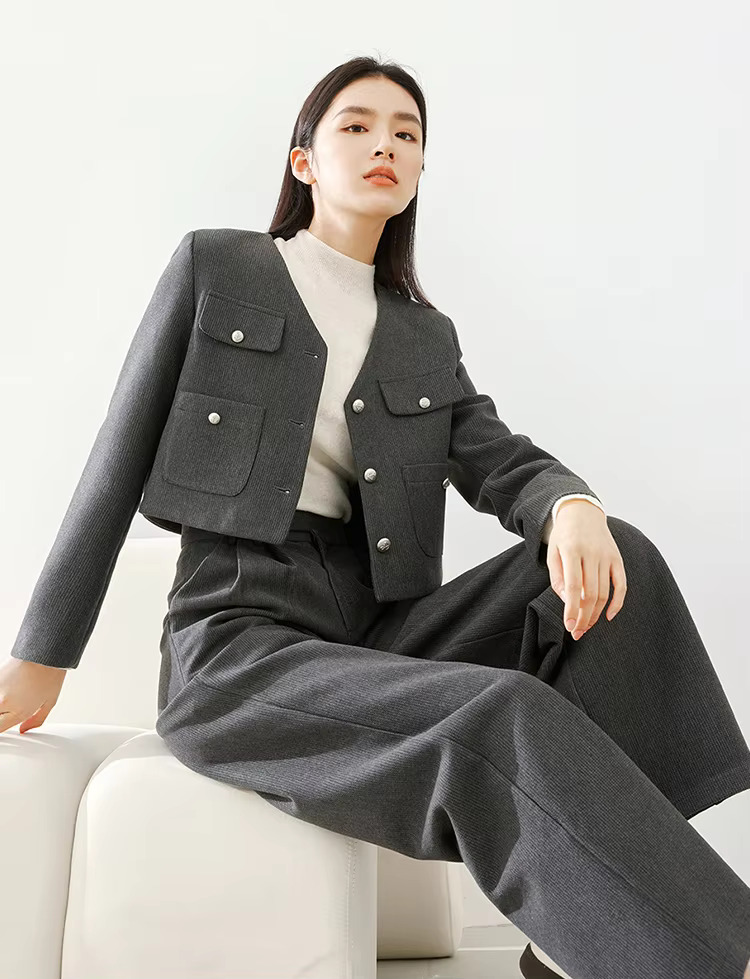 V-Neck Thick Cropped Two Pieces Elegant Wide Leg Pant Set And Jackets